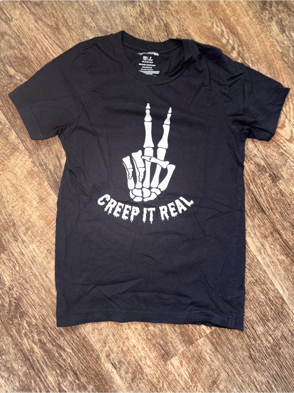 Black "Creep It Real" Skeleton Peace Sign Graphic Tee